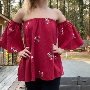 Red off the shoulder flowy floral top